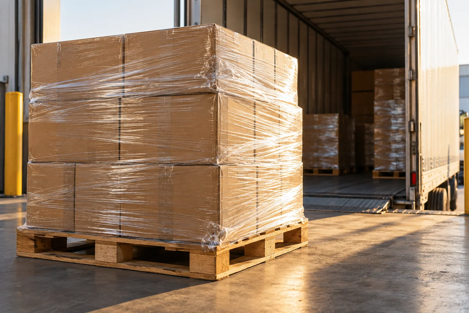 Illustrative AI-generated photograph of wrapped cartons on a pallet beside an open trailer.