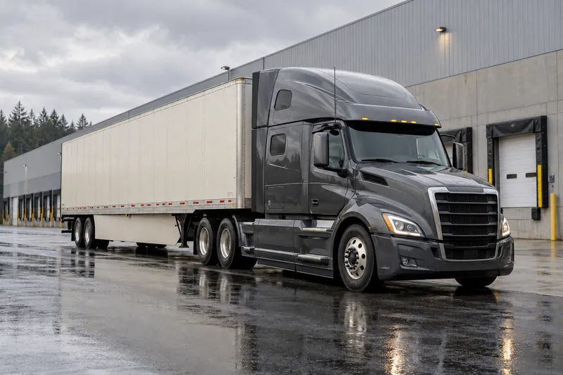 Illustrative AI-generated semi-truck and trailer outside an industrial terminal.