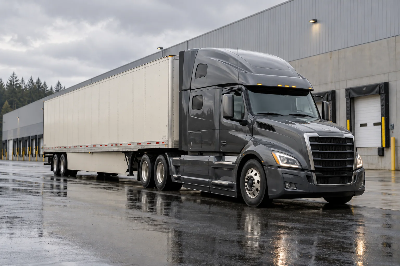 Illustrative AI-generated scene of a charcoal semi-truck and white trailer at a freight terminal on wet pavement.