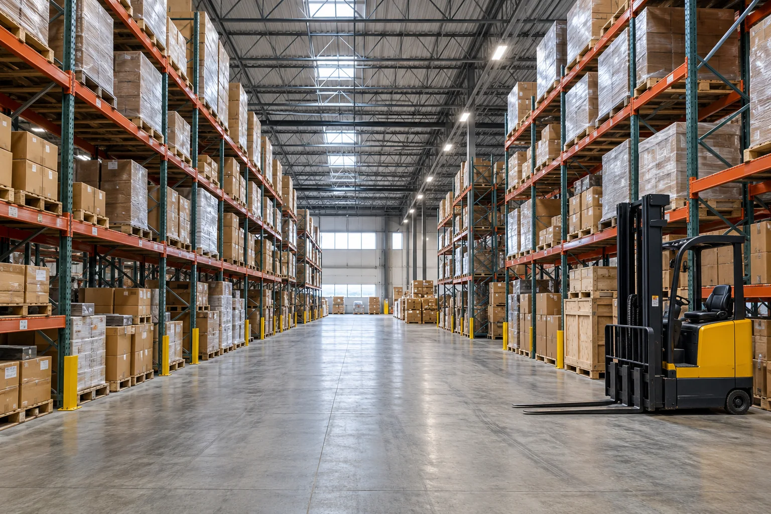 Illustrative AI-generated warehouse aisle with pallet racks and a parked forklift.